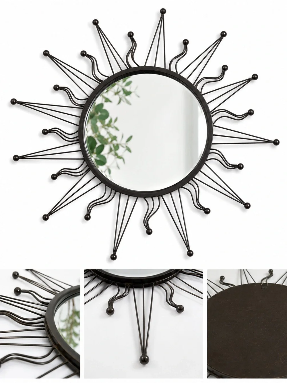 Vintage Black Metal Sunburst Wall Mirror Mid-Century Modern Style